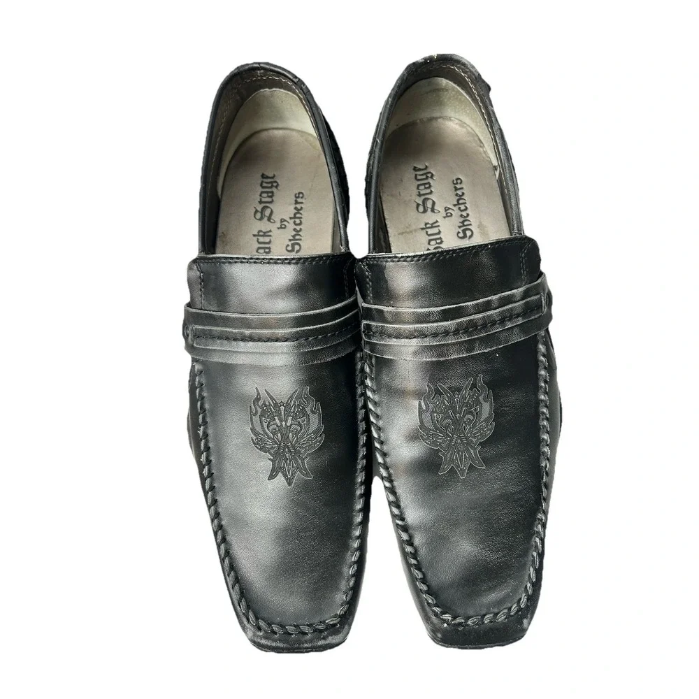 Vtg Back Stage by Skechers 69506 Men 11‎ Black Leather Loafers Crest Y2K Grunge